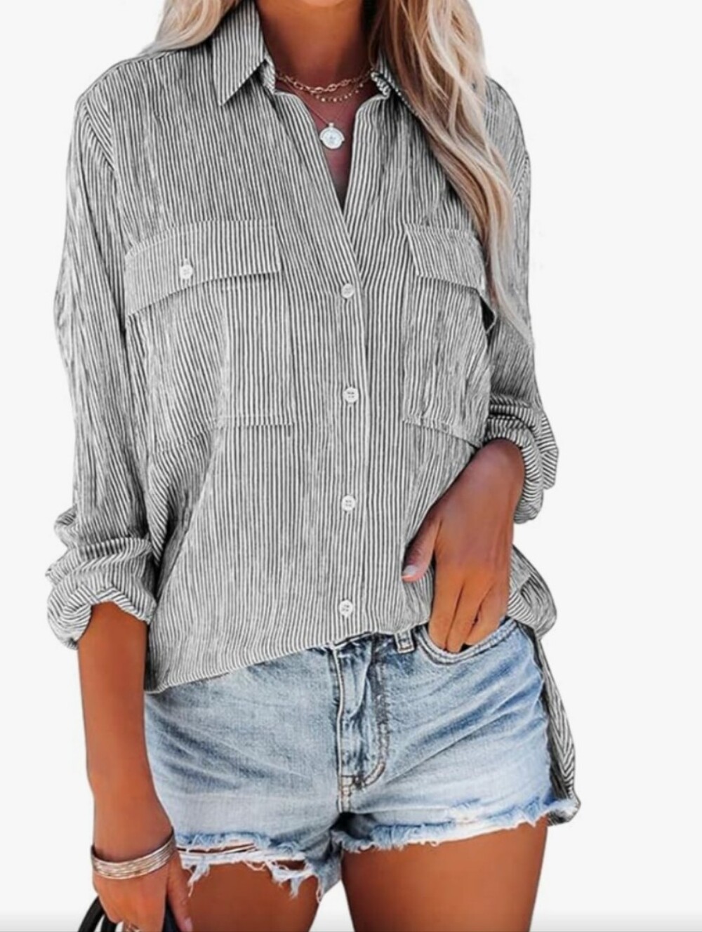 Womens Striped Button Down Vneck Size Blouse With Pockets Lightweight Size 2X